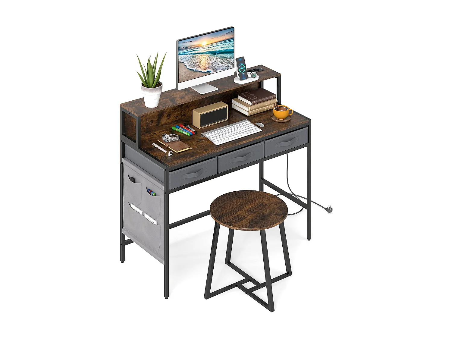Ensemble Coiffeuse avec Tabouret et Support pour Moniteur avec Prises Intégrées Tiroirs de Rangement en Tissu Poches Latérales