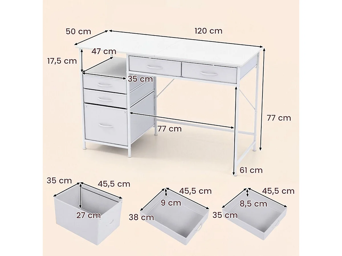 Scrivania con 5 cassetti in tessuto Scrivania per computer con ripiano Tavolo per PC per piccoli ambienti Bianco
