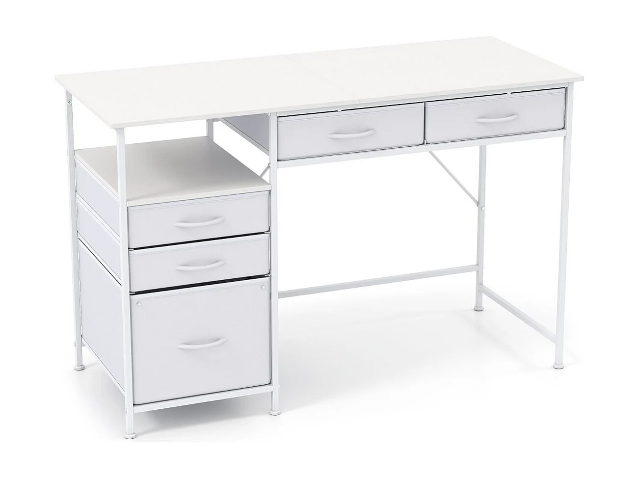 Scrivania con 5 cassetti in tessuto Scrivania per computer con ripiano Tavolo per PC per piccoli ambienti Bianco