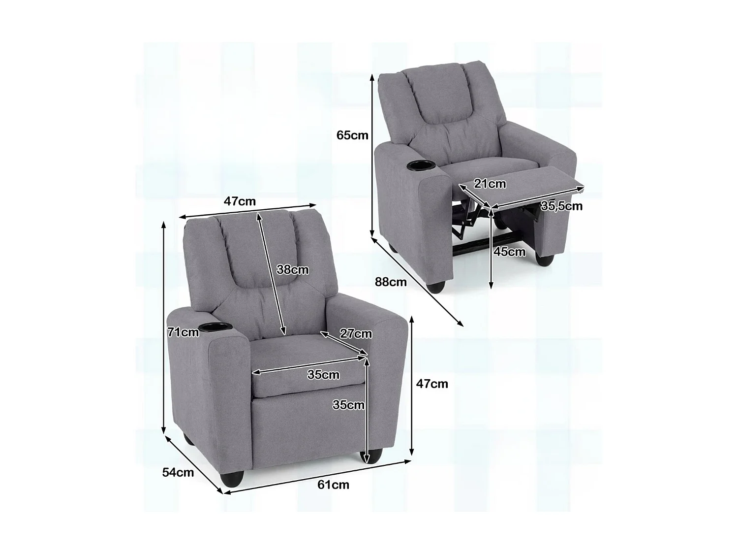 Kindersessel mit Relaxfunktion & Verstellbarer Rückenlehne & Fußstütze Kindersofa Grau