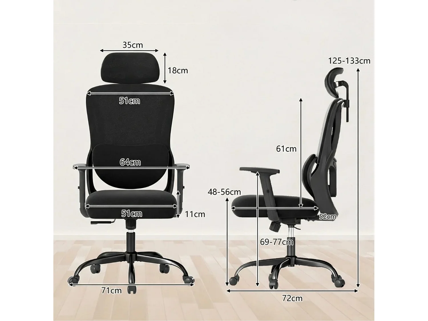 Ergonomisk kontorsstol med justerbart nackstöd och ländryggsstöd Skrivbordsstol svart
