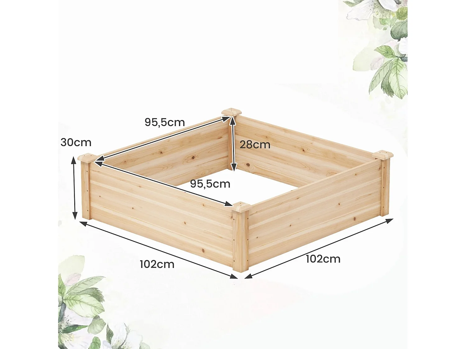 Jardin en Bois surélevé Extérieur Bac à Plantes Carré 102 x 102 x 30 CM avec Fond Grand Contenant pour Terrasse de Jardin Naturel