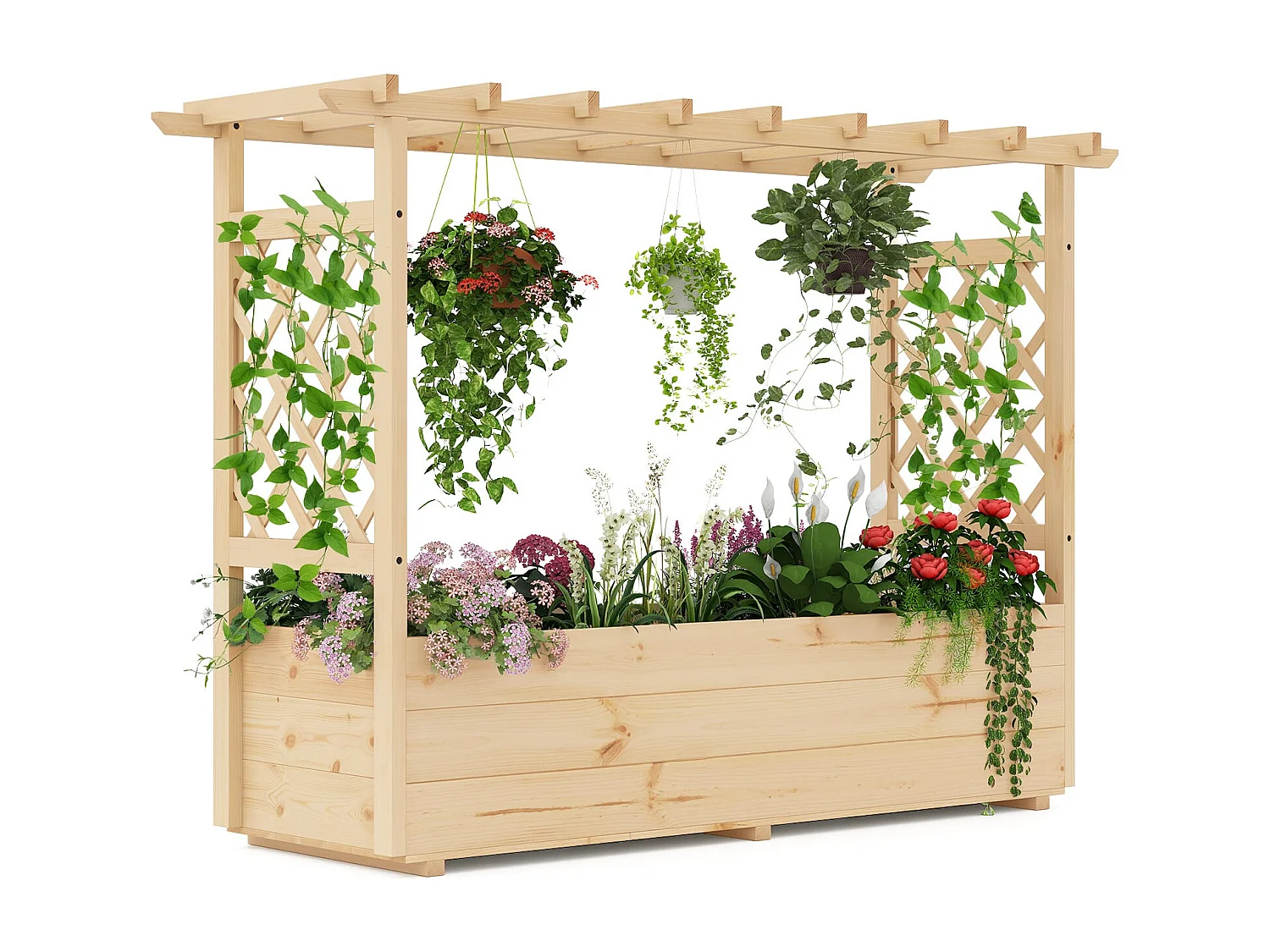 Bac à plantes surélevé avec treillis & toit suspendu Bac à plantes avec treillis & trous d'évacuation Bac à fleurs naturel 150 x 50 x 104 cm