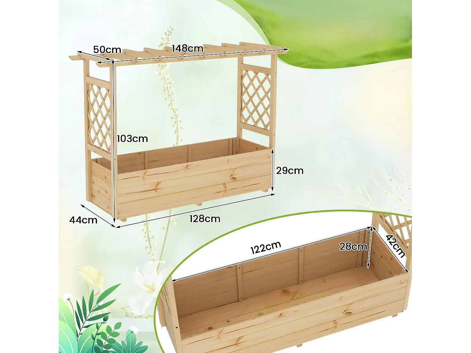 Bac à plantes surélevé avec treillis & toit suspendu Bac à plantes avec treillis & trous d'évacuation Bac à fleurs naturel 150 x 50 x 104 cm