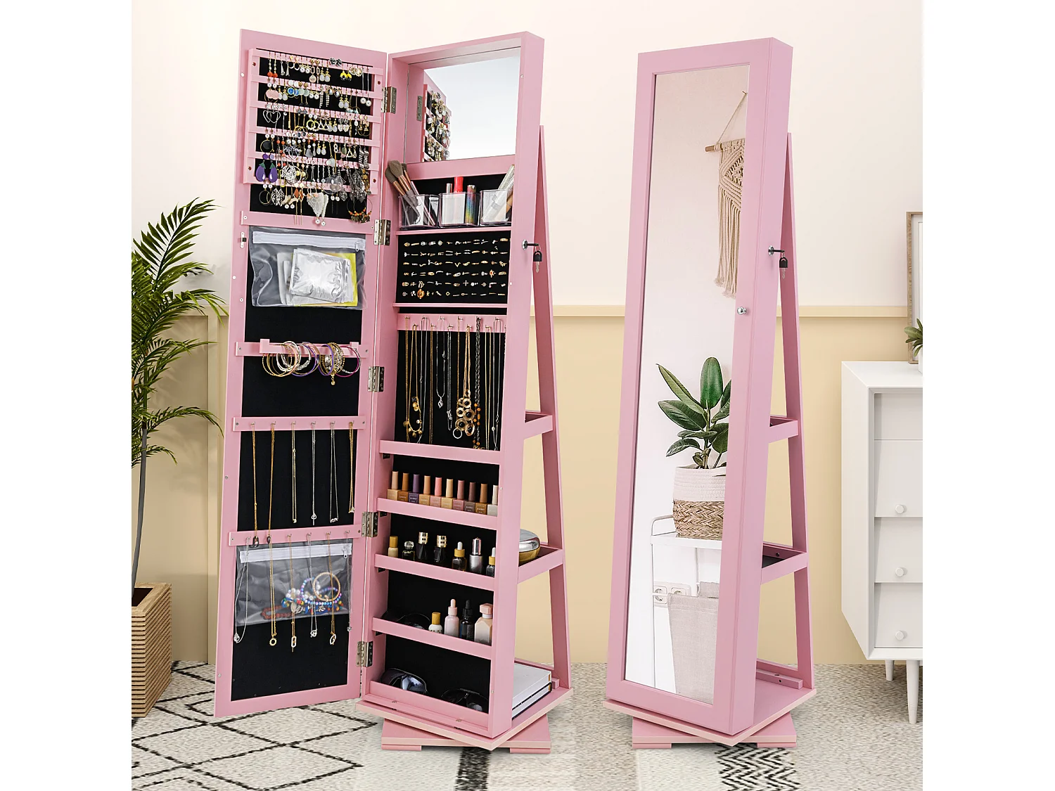 Armadio portagioielli girevole a 360° con specchio, Organizer gioielli 2 in 1 a figura intera Rosa