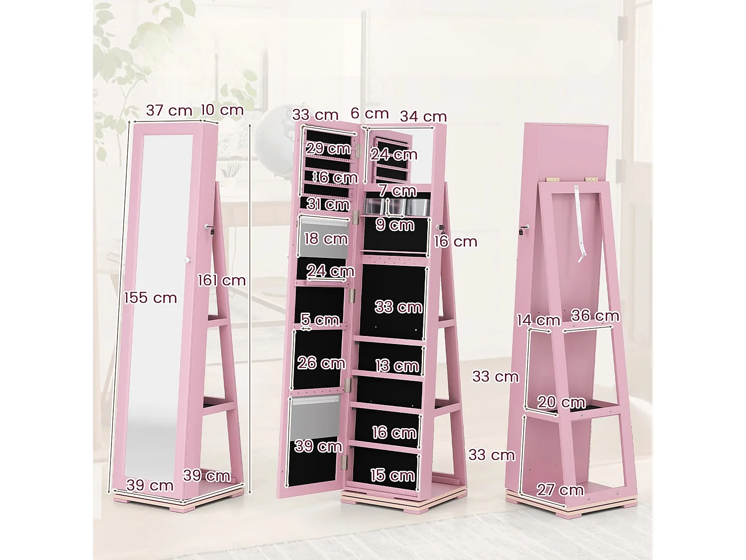 Armadio portagioielli girevole a 360° con specchio, Organizer gioielli 2 in 1 a figura intera Rosa