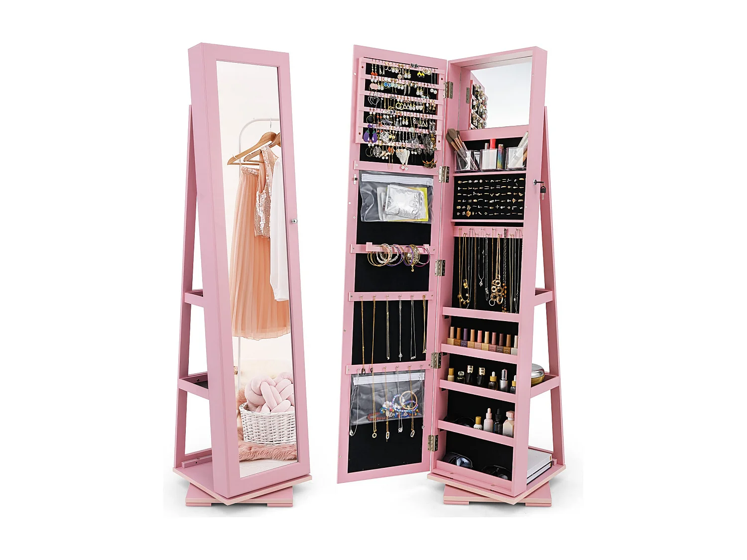 Armadio portagioielli girevole a 360° con specchio, Organizer gioielli 2 in 1 a figura intera Rosa