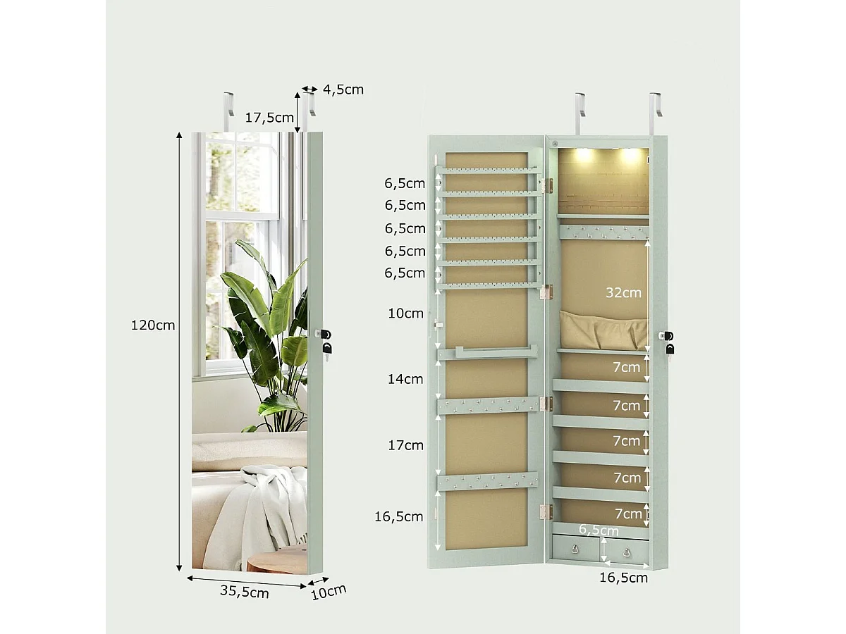 Armadio per gioielli con illuminazione a LED Scaffale per gioielli con specchio Armadio a specchio con serratura Verde