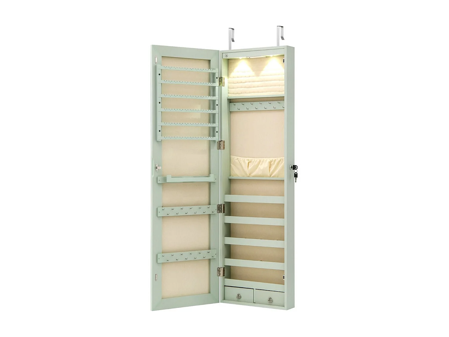 Armadio per gioielli con illuminazione a LED Scaffale per gioielli con specchio Armadio a specchio con serratura Verde