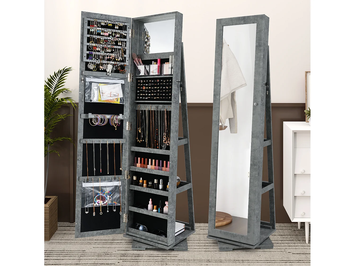 Armadio portagioielli girevole a 360° con specchio, Organizer gioielli 2 in 1 a figura intera Grigio