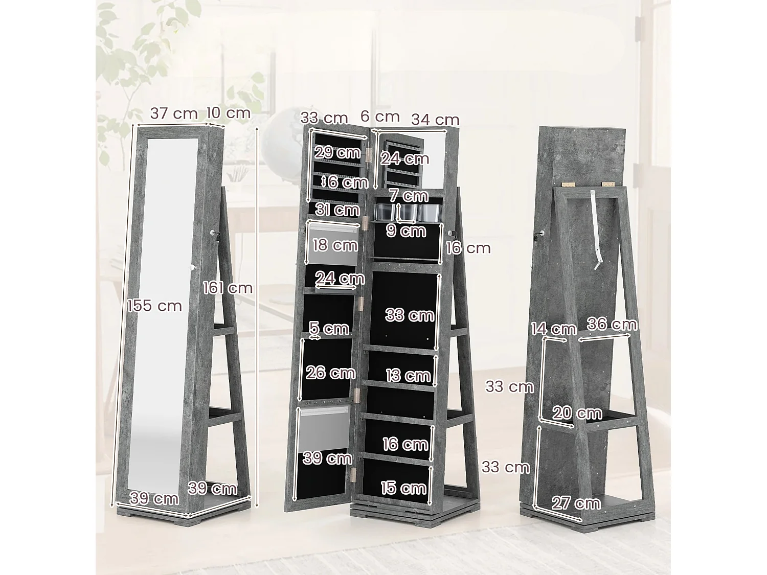 Armadio portagioielli girevole a 360° con specchio, Organizer gioielli 2 in 1 a figura intera Grigio
