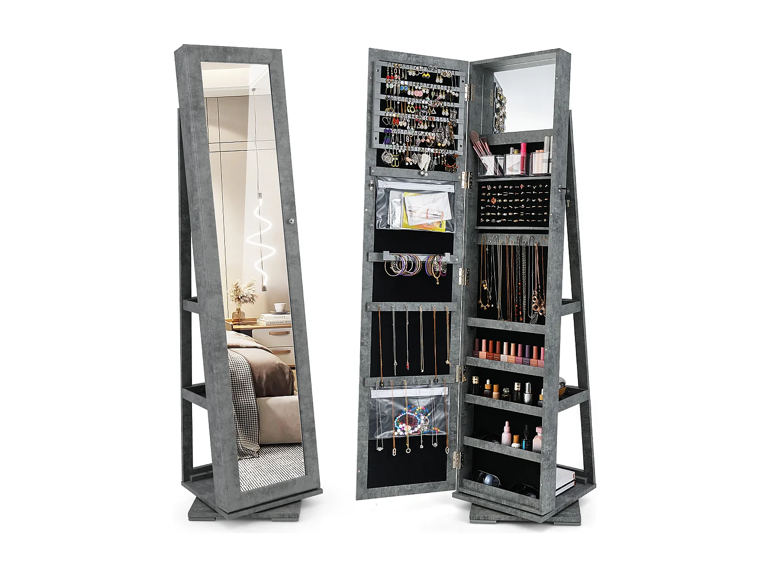 Armadio portagioielli girevole a 360° con specchio, Organizer gioielli 2 in 1 a figura intera Grigio