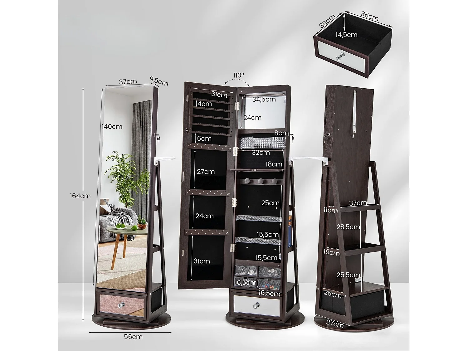 Schmuckschrank 360° drehbar Spiegelschrank abschließbar Schmuckregal mit Ganzkörperspiegel Lila