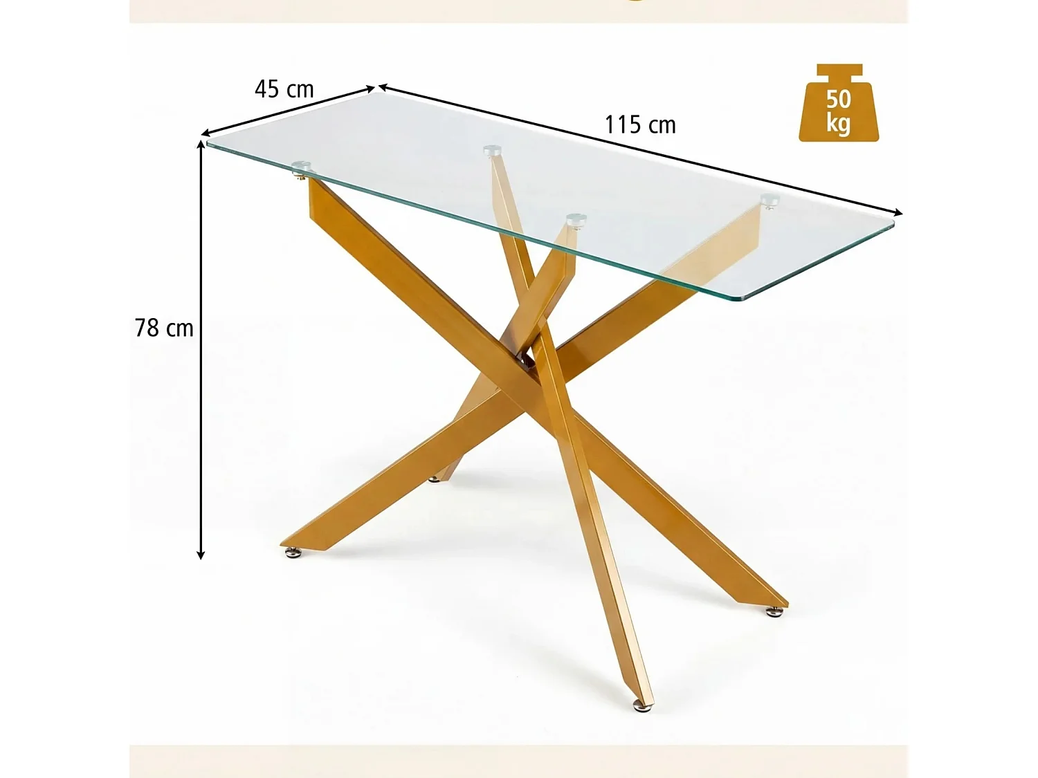 Tavolo moderno in vetro con piano in vetro temperato trasparente e robuste gambe in metallo Tavolo consolle oro