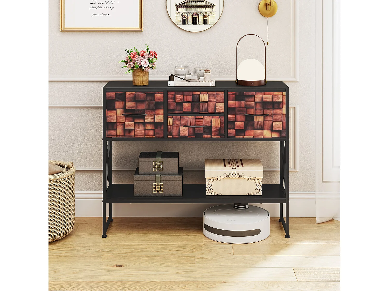 Konsolentisch Mit 4 Stoffschubladen Regal Metallrahmen Holz Mosaikmuster Kaffee & Schwarz
