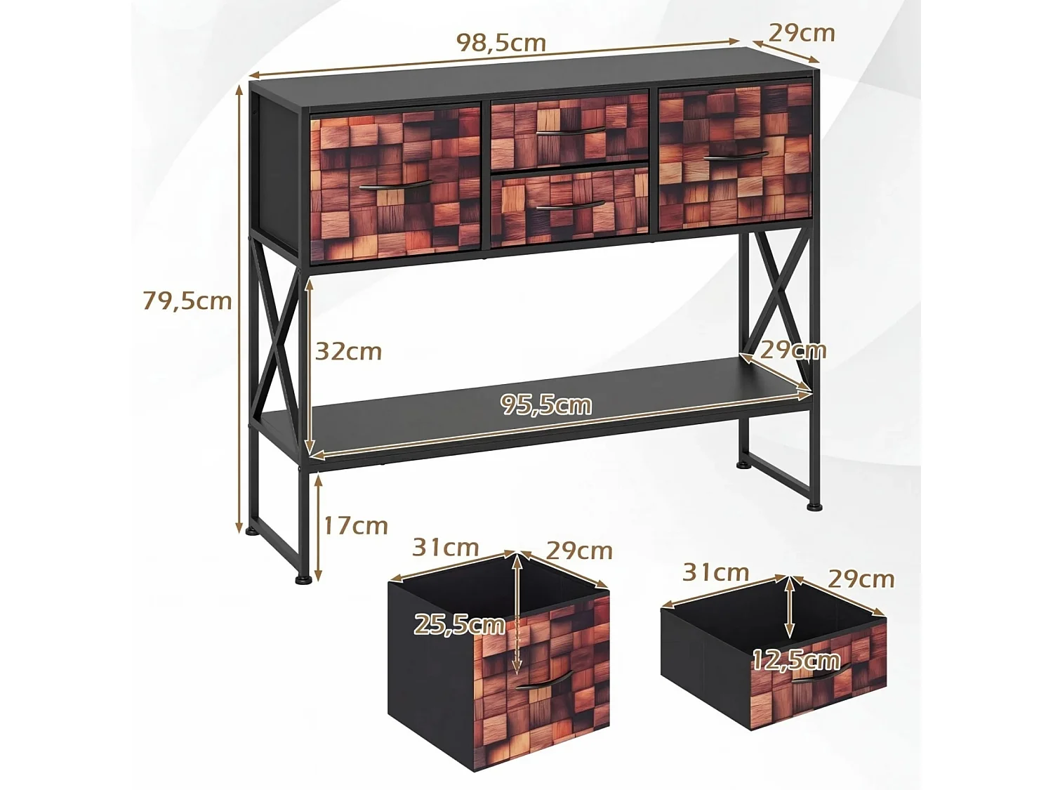 Konsolentisch Mit 4 Stoffschubladen Regal Metallrahmen Holz Mosaikmuster Kaffee & Schwarz