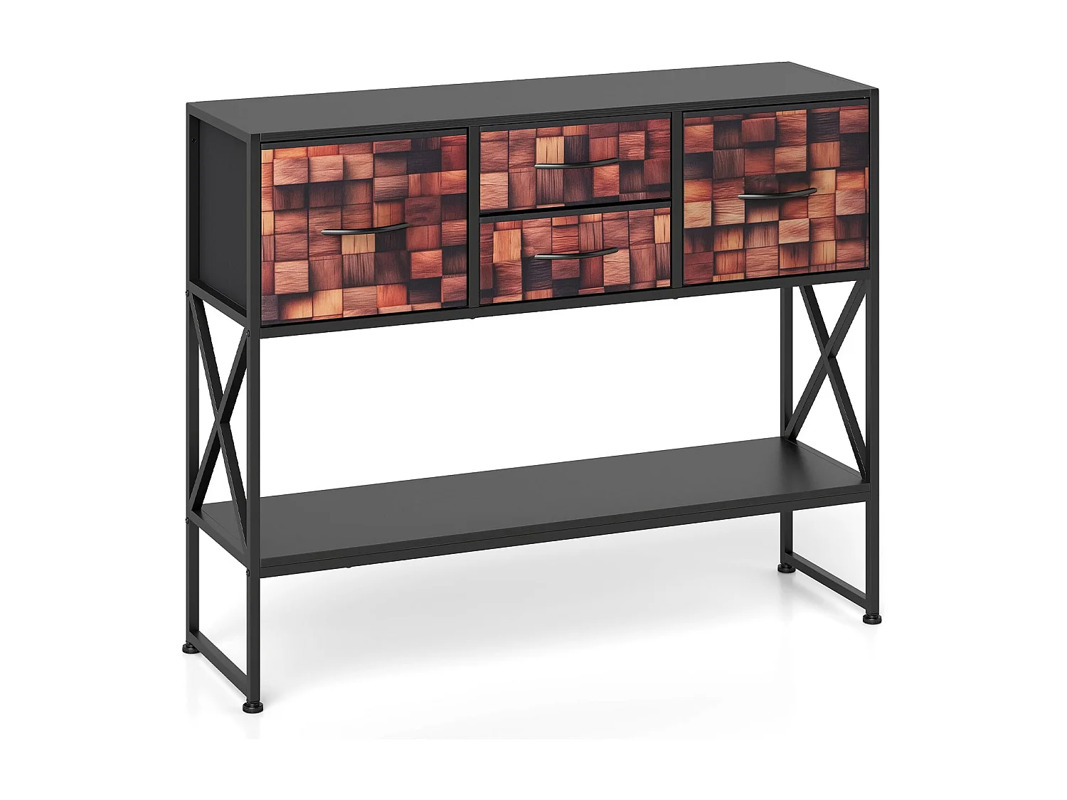 Konsolentisch Mit 4 Stoffschubladen Regal Metallrahmen Holz Mosaikmuster Kaffee & Schwarz