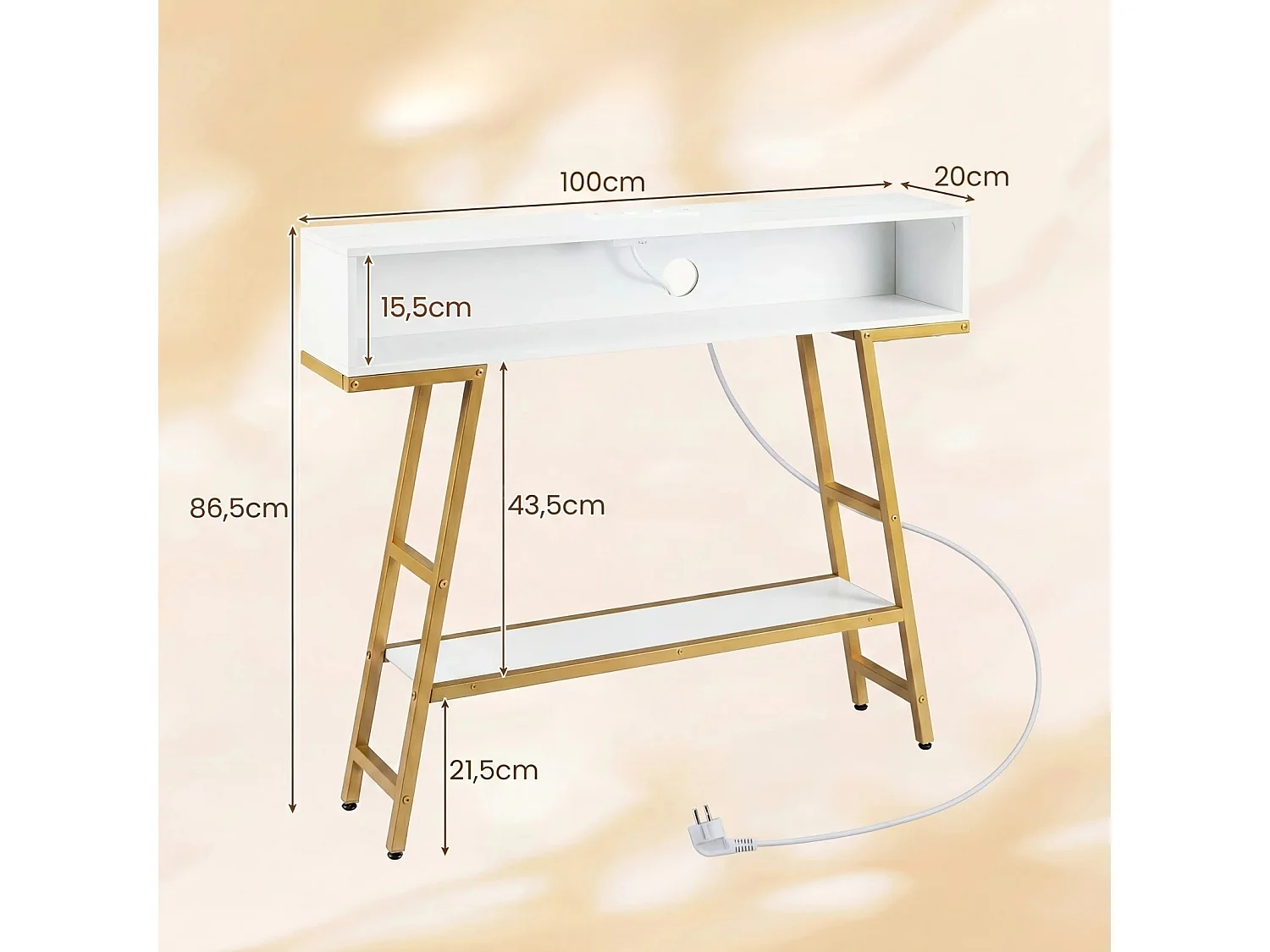 Konsolentisch mit LED-Beleuchtung & Ladestation 3-stufiger Flurtisch Schmaler Sofatisch Weiß
