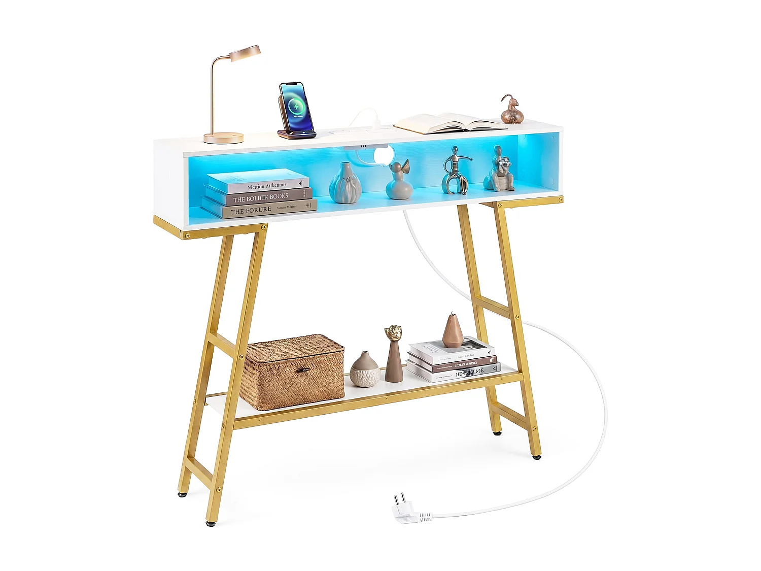 Konsolentisch mit LED-Beleuchtung & Ladestation 3-stufiger Flurtisch Schmaler Sofatisch Weiß
