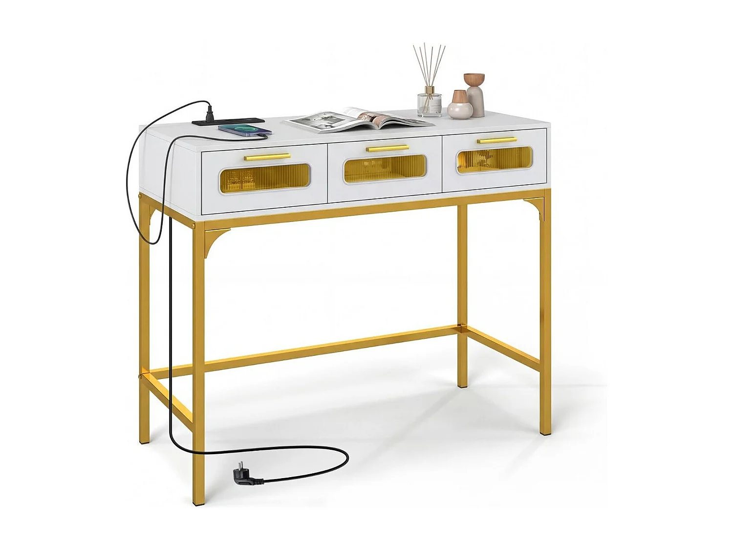 Konsolentisch Eingangstisch mit LED-Lichtern & Ladestation schmaler Sofatisch Weiß 90 x 40 x 75 cm