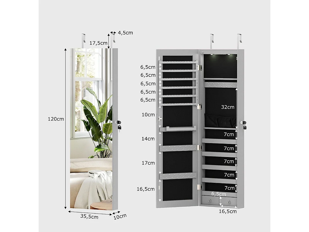 Schmuckschrank mit LED Beleuchtung Schmuckregal mit Spiegel Abschließbarer Spiegelschrank Grau