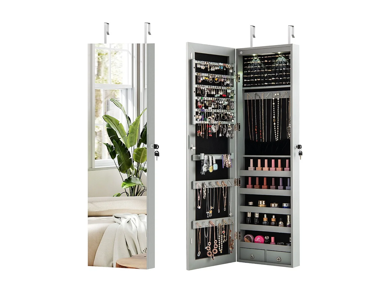 Schmuckschrank mit LED Beleuchtung Schmuckregal mit Spiegel Abschließbarer Spiegelschrank Grau