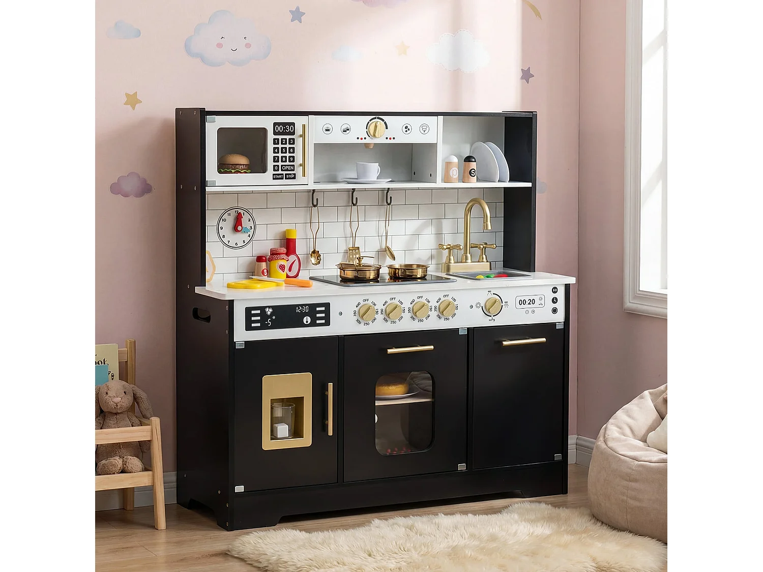 Cuisine pour enfants avec son et lumière Cuisine de jeu en bois avec cuisinière & évier Cuisine de jeu incl. 14 accessoires Noir