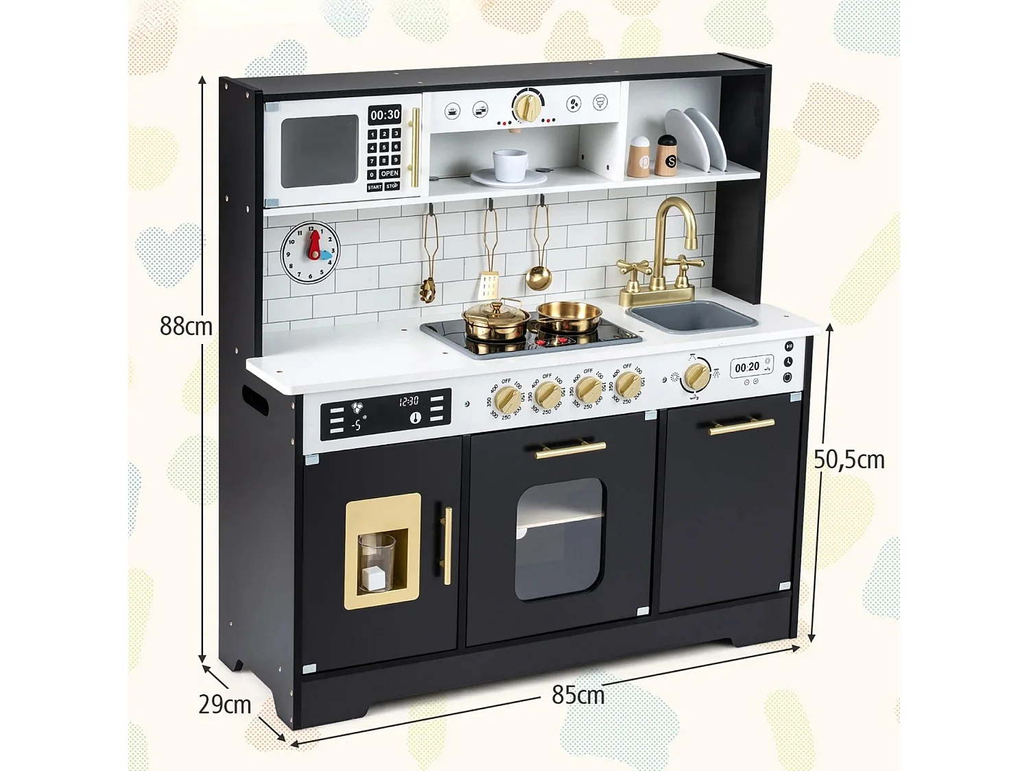Cuisine pour enfants avec son et lumière Cuisine de jeu en bois avec cuisinière & évier Cuisine de jeu incl. 14 accessoires Noir
