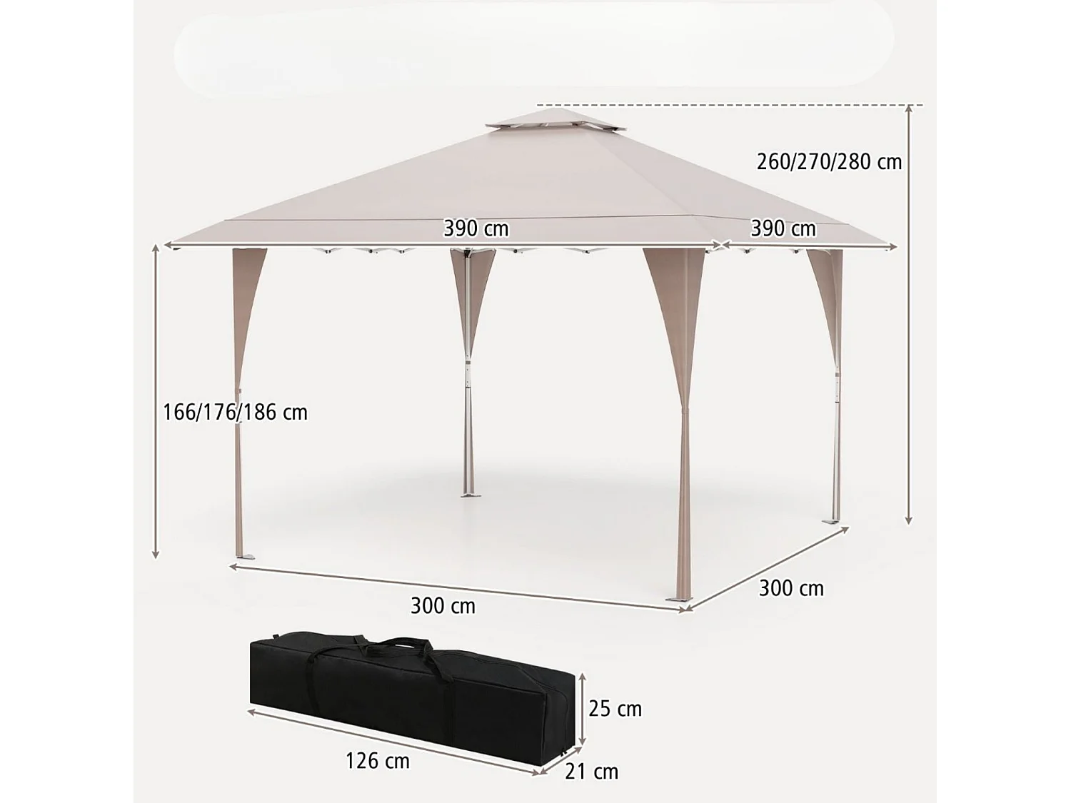 Tonnelle de Jardin Pop-up Toit Aéré 395X395CM Tente Réception Instantané avec 8 Trous de Drainage 4 Cordes 8 Piquets Sac de Transport Kaki