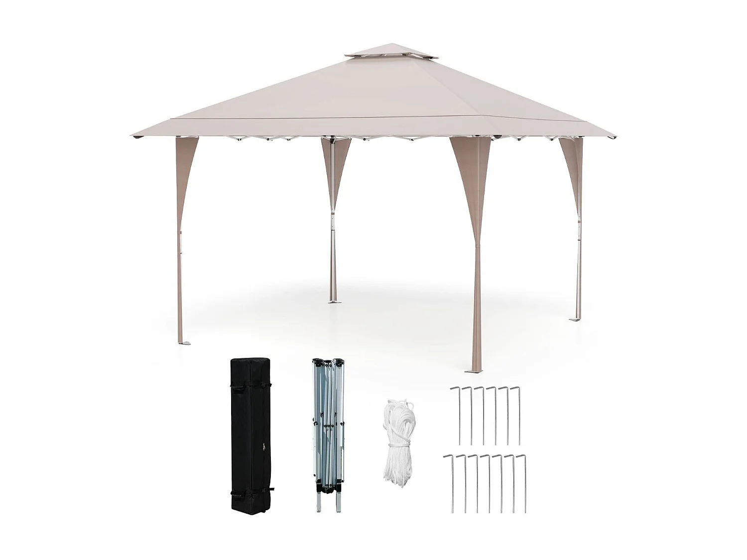 Tonnelle de Jardin Pop-up Toit Aéré 395X395CM Tente Réception Instantané avec 8 Trous de Drainage 4 Cordes 8 Piquets Sac de Transport Kaki