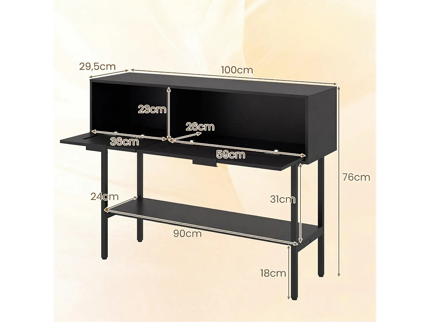 Boho Konsolentisch mit 2 Fächern & Offene Ablage Schmaler Flurtisch Blastbar bis 90 kg Schwarz