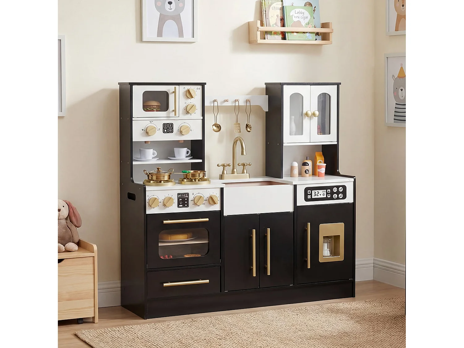 Cuisine en bois pour enfants avec cuisinière & évier Cuisine en bois avec son & lumière Cuisine de jeu incl. accessoires Noir
