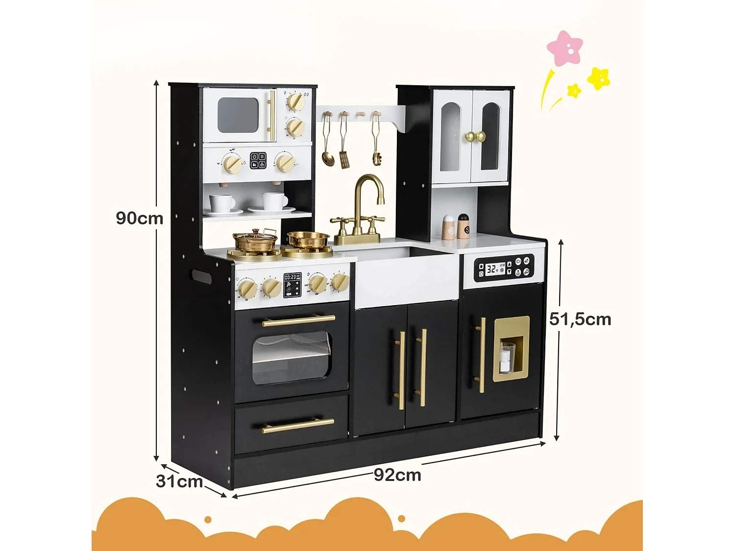 Cuisine en bois pour enfants avec cuisinière & évier Cuisine en bois avec son & lumière Cuisine de jeu incl. accessoires Noir