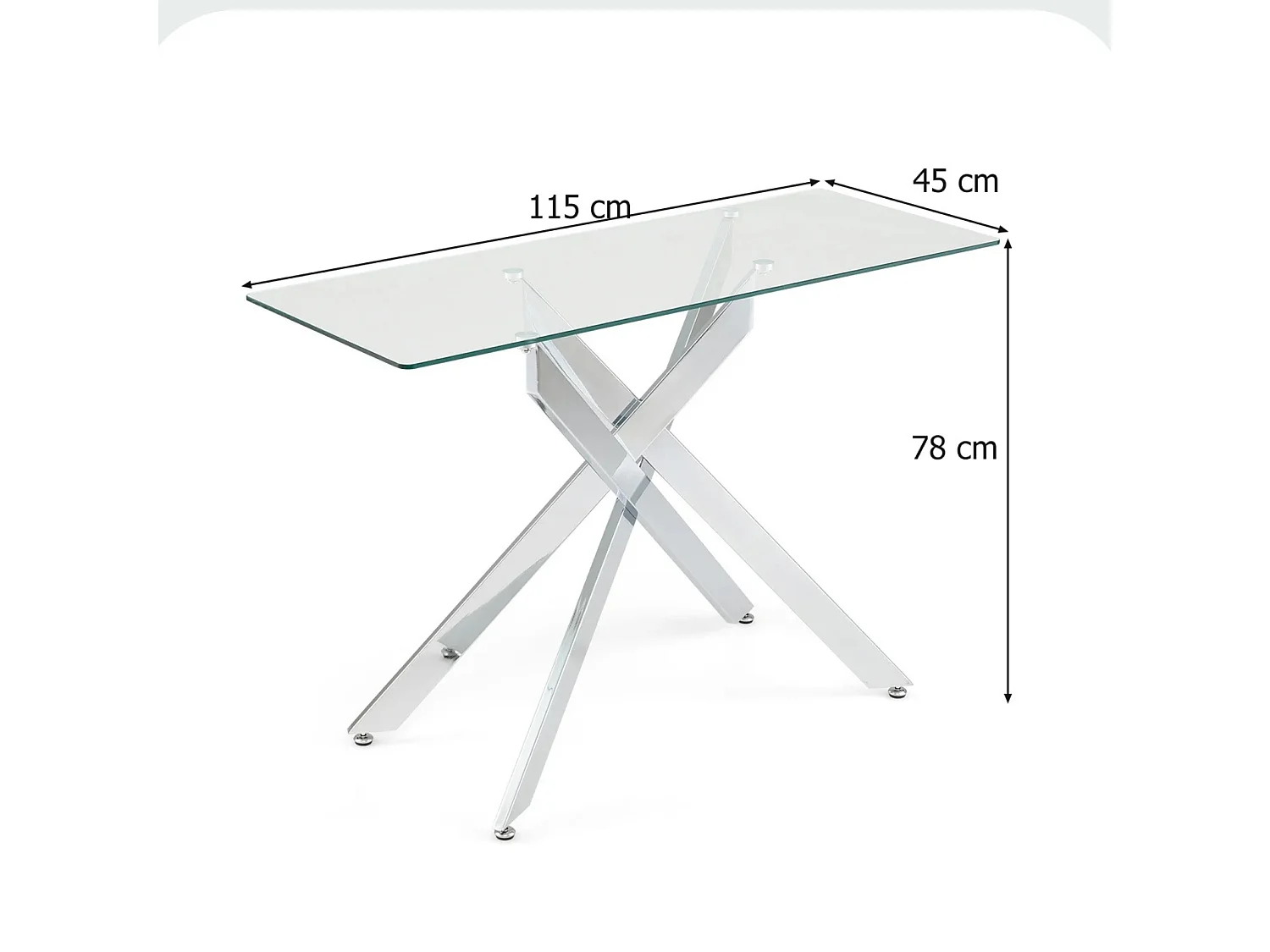 Tavolo moderno in vetro con piano in vetro temperato trasparente e robuste gambe in metallo Tavolo consolle argento