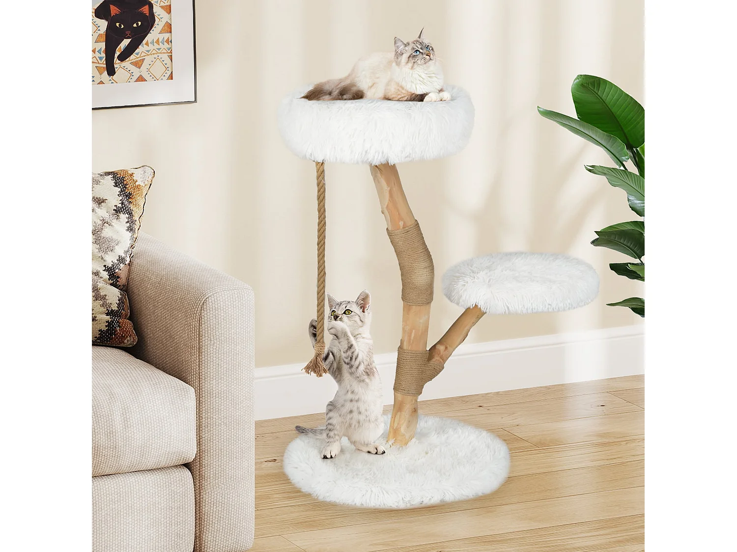Arbre à Chat Tour en Bois pour Chat avec Perchoir Centre d'Activité en Bois Massif pour Chat avec Poteaux à Gratter Corde en Jute Doux Blanc