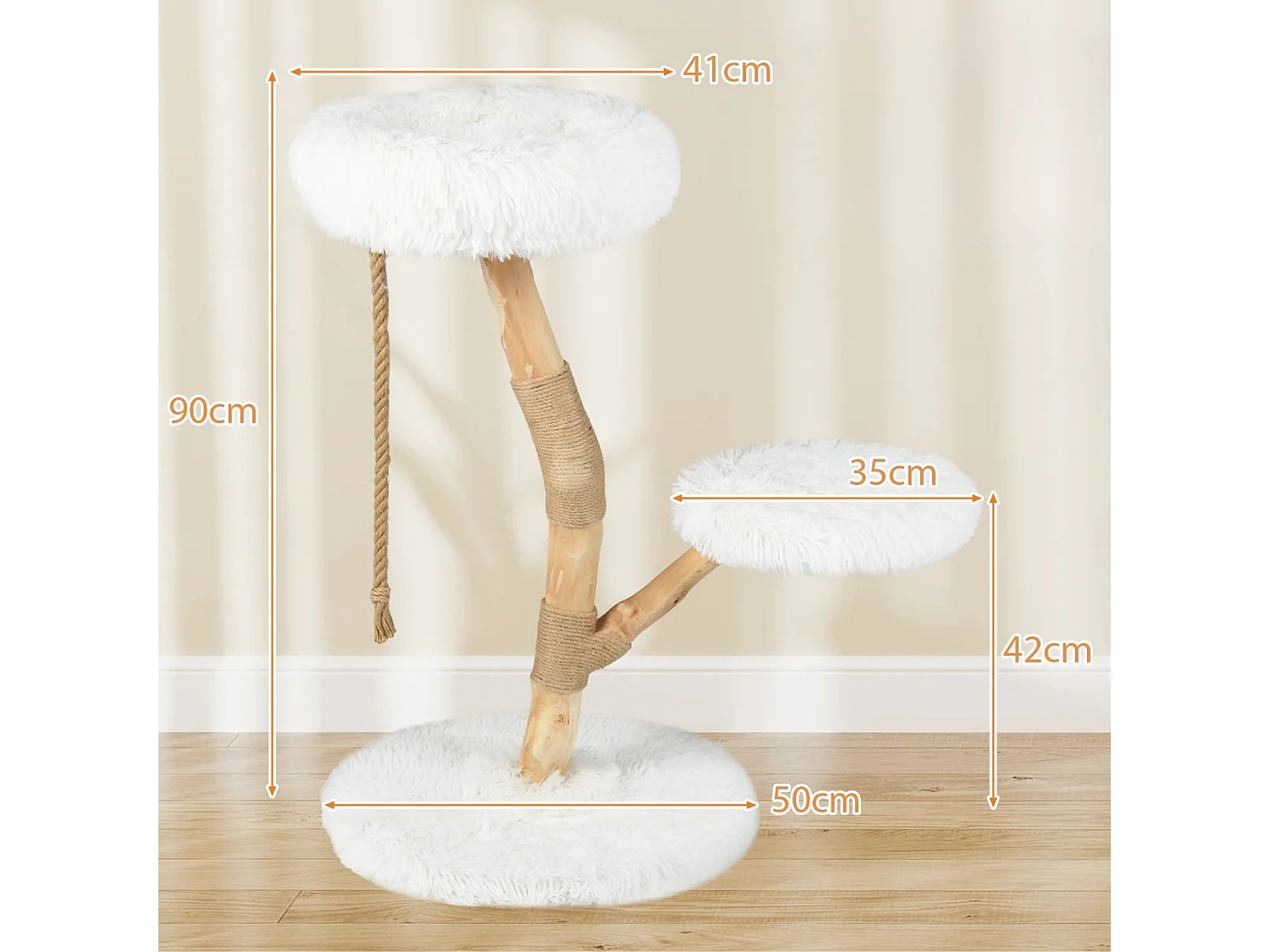 Arbre à Chat Tour en Bois pour Chat avec Perchoir Centre d'Activité en Bois Massif pour Chat avec Poteaux à Gratter Corde en Jute Doux Blanc