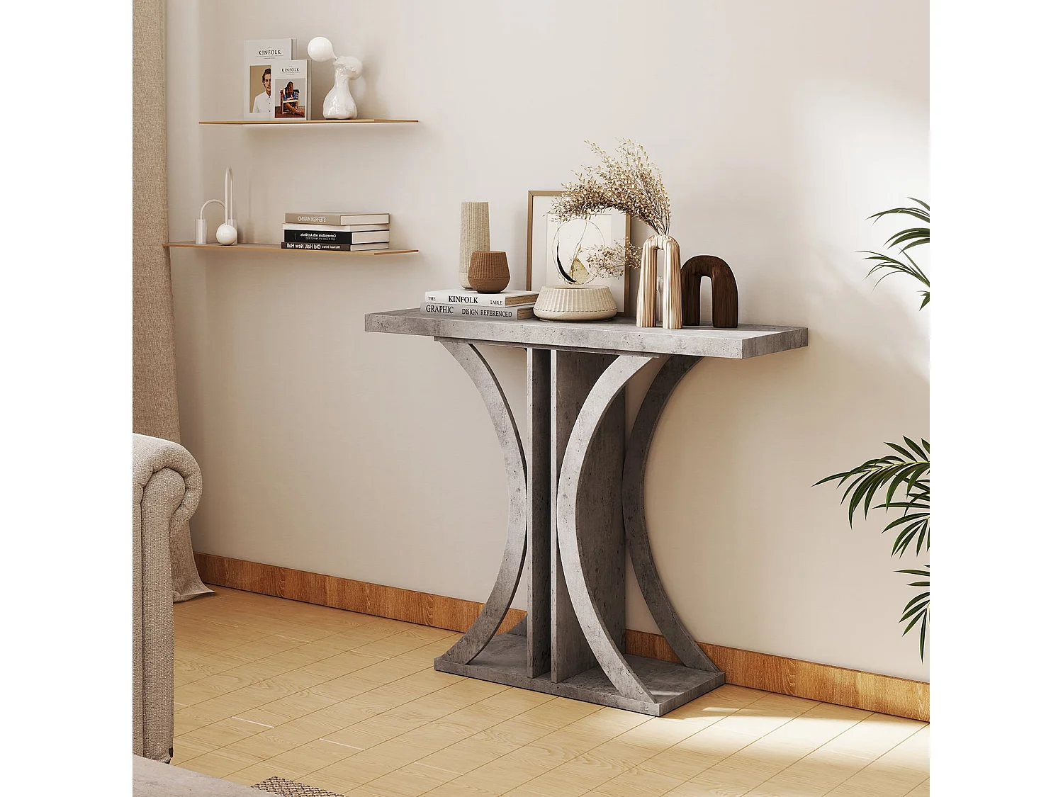Consolle stretta con struttura geometrica in metallo in stile industriale Tavolino da ingresso Tavolino da divano Grigio