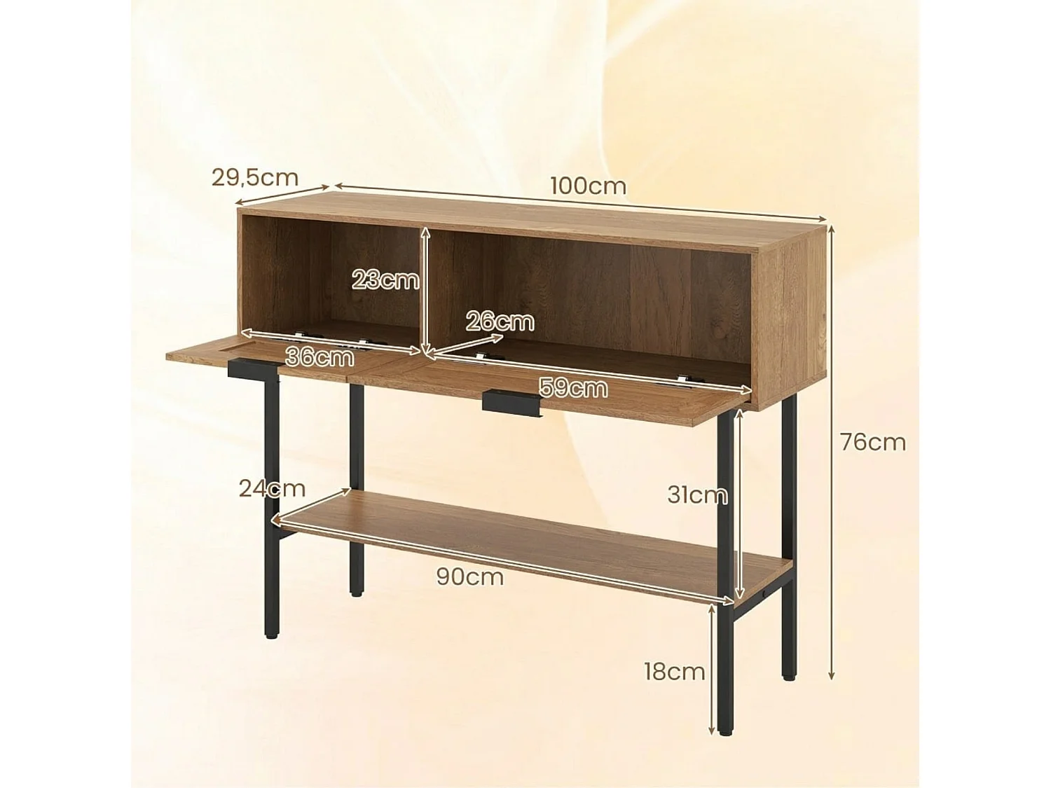 Boho Konsolentisch mit 2 Fächern & Offene Ablage Schmaler Flurtisch Blastbar bis 90 kg Natur
