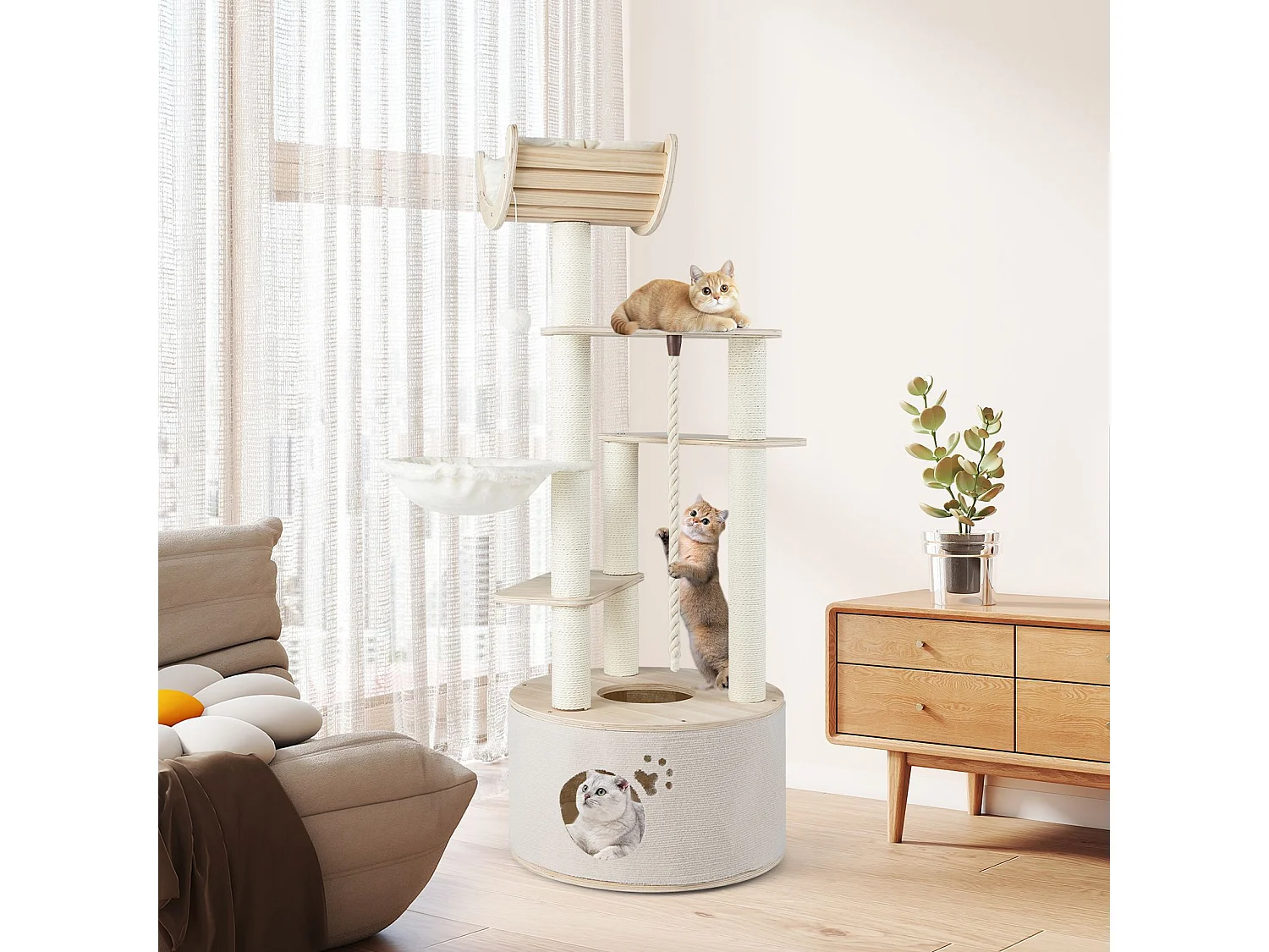 Arbre à Chat en Bois d'Intérieur Tour pour Chat à Plusieurs Niveaux avec Condo Perchoir Incurvé & Hamac Poteaux à Griffer Naturel
