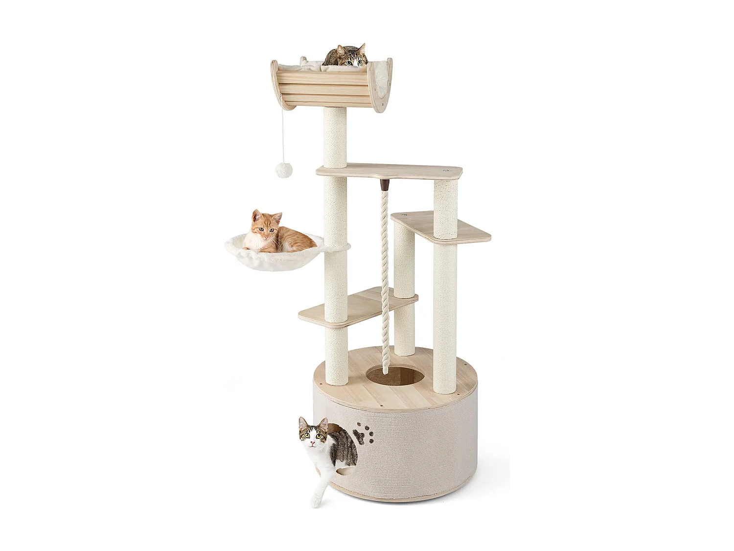 Arbre à Chat en Bois d'Intérieur Tour pour Chat à Plusieurs Niveaux avec Condo Perchoir Incurvé & Hamac Poteaux à Griffer Naturel