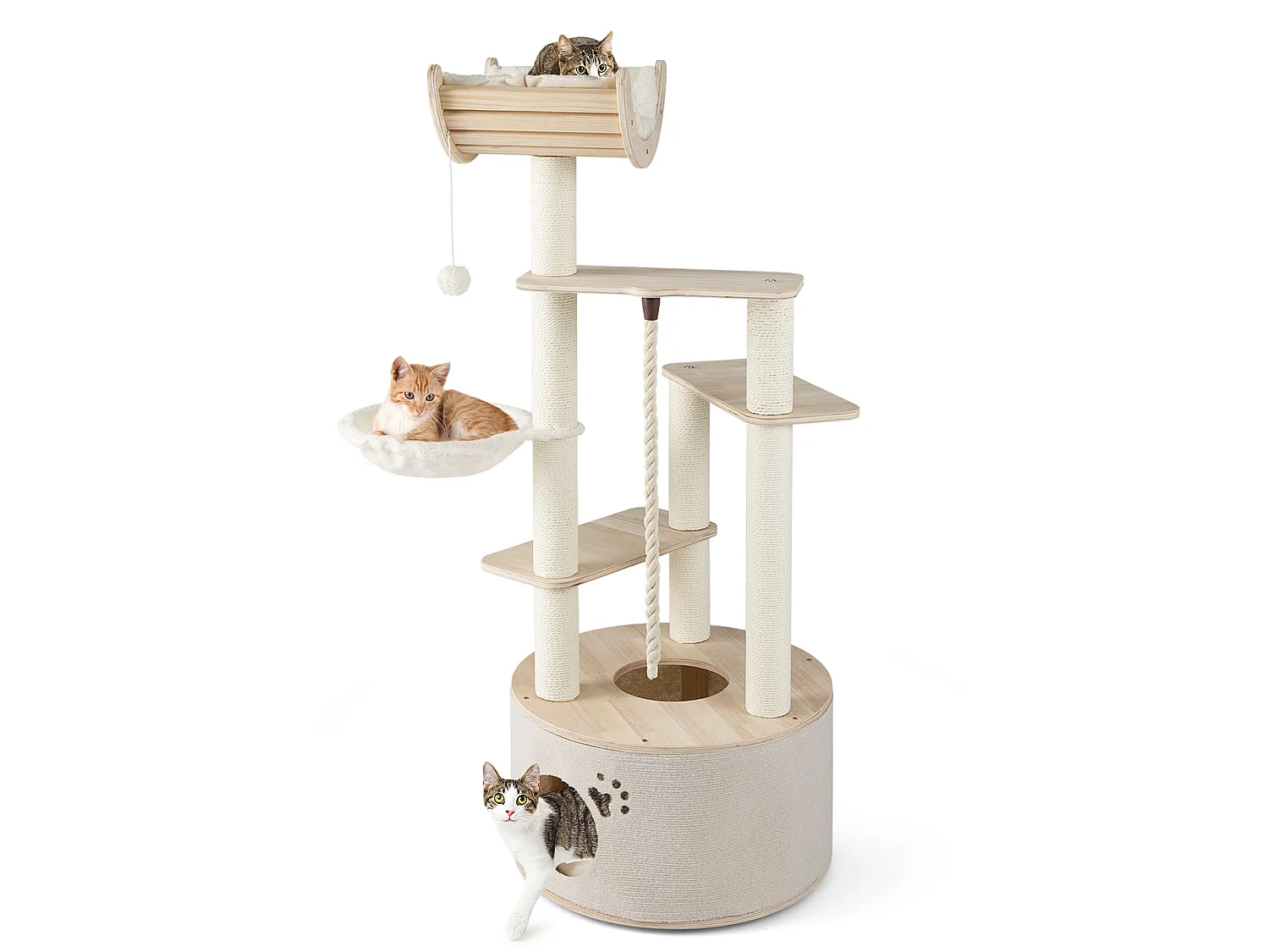 Arbre à Chat en Bois d'Intérieur Tour pour Chat à Plusieurs Niveaux avec Condo Perchoir Incurvé & Hamac Poteaux à Griffer Naturel
