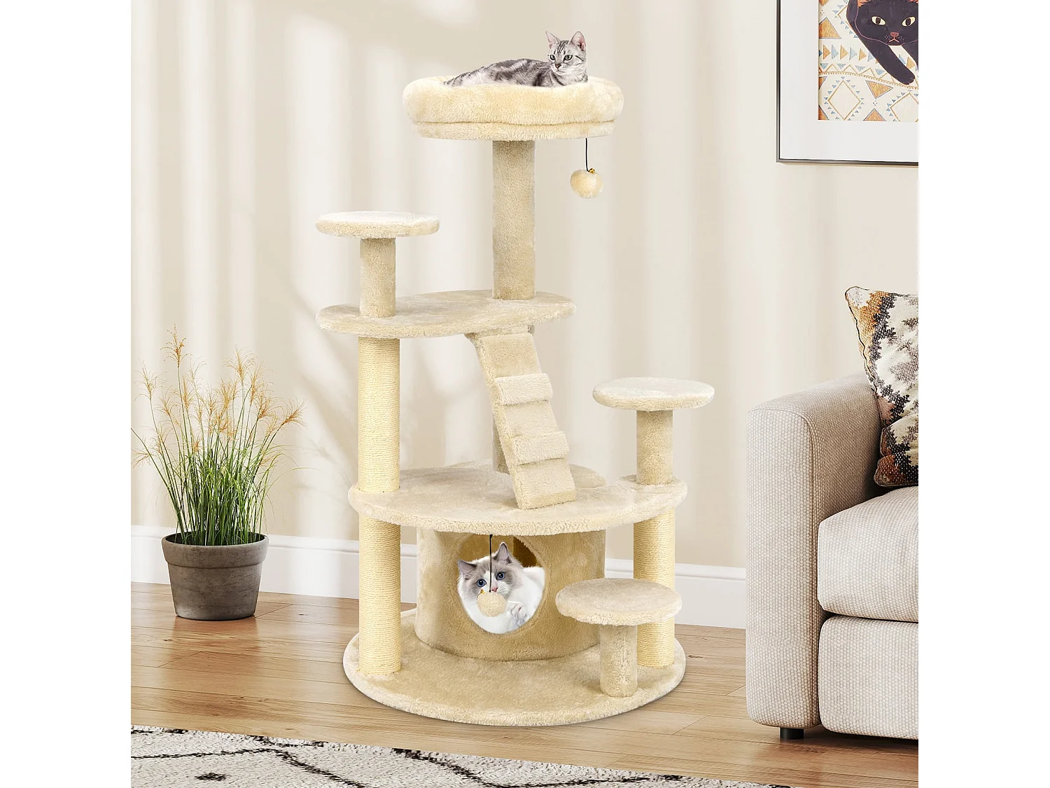 Arbre à Chat Multi-Niveaux avec Condo Perchoir Rembourré Poteaux à Gratter Boule en Peluche Suspendue Plates-formes de Saut Beige
