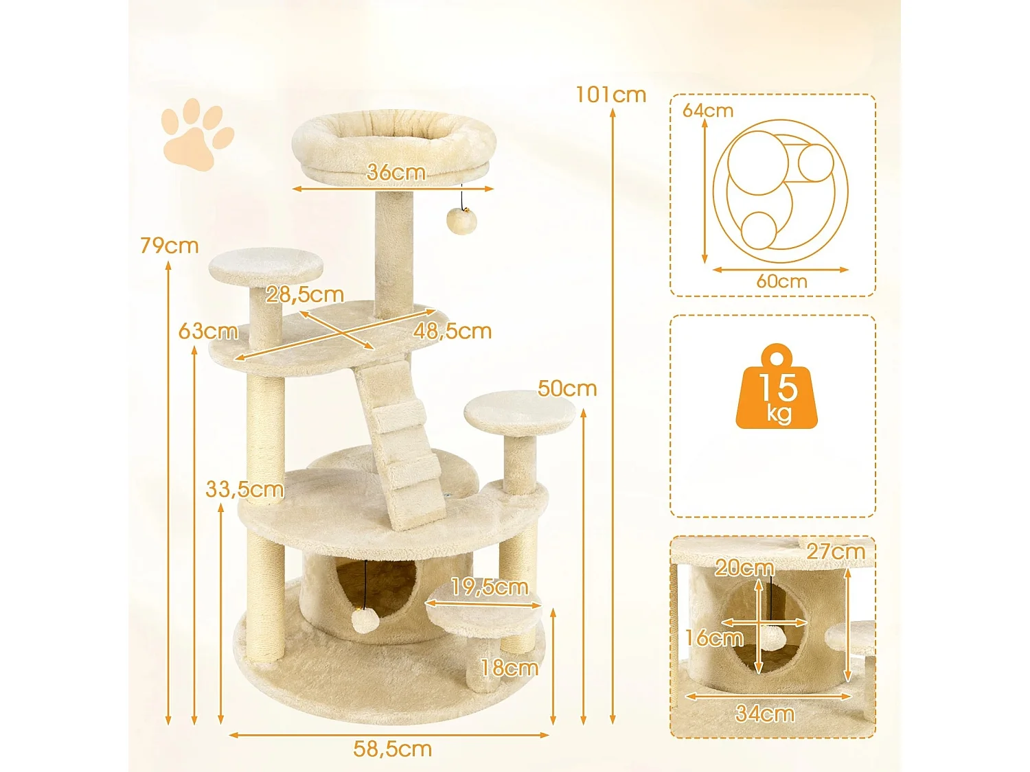Arbre à Chat Multi-Niveaux avec Condo Perchoir Rembourré Poteaux à Gratter Boule en Peluche Suspendue Plates-formes de Saut Beige