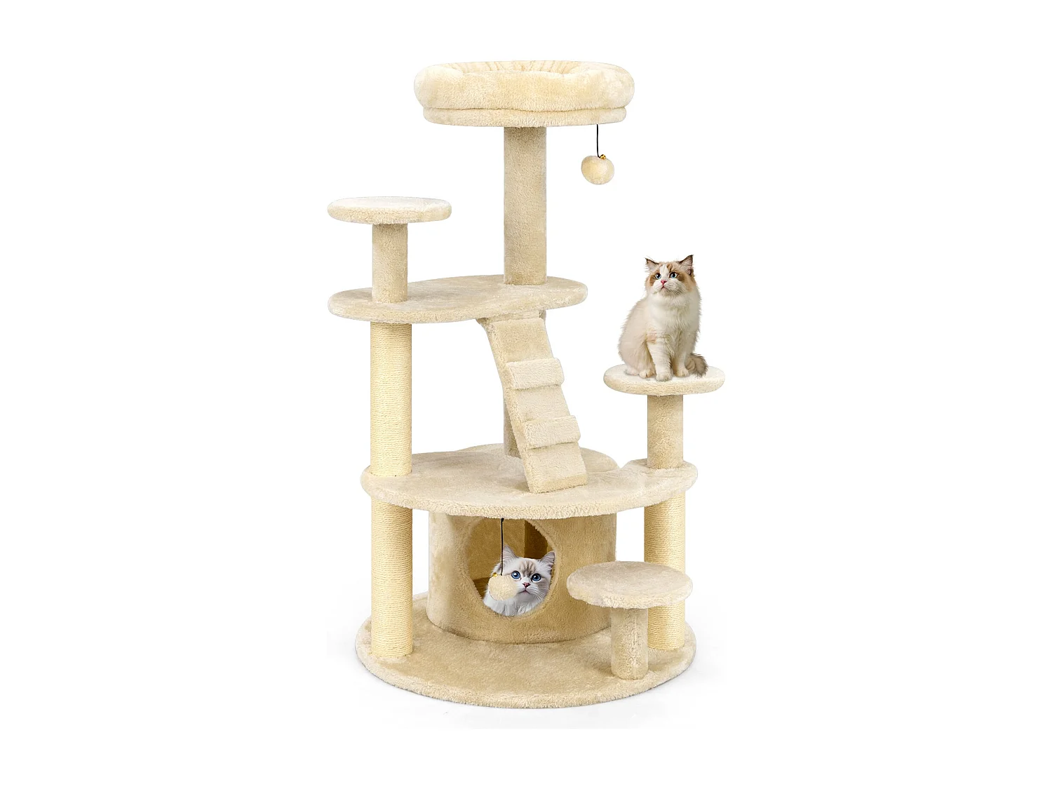 Arbre à Chat Multi-Niveaux avec Condo Perchoir Rembourré Poteaux à Gratter Boule en Peluche Suspendue Plates-formes de Saut Beige
