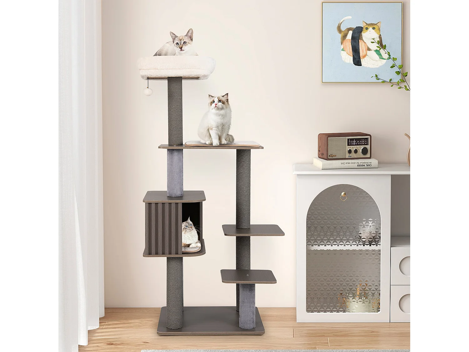 Arbre à Chat Multi-niveaux pour Chat d'Intérieur Tour à Chat de 151cm de Haut avec Perchoir Coussiné Tapis Amovibles Griffoirs Gris