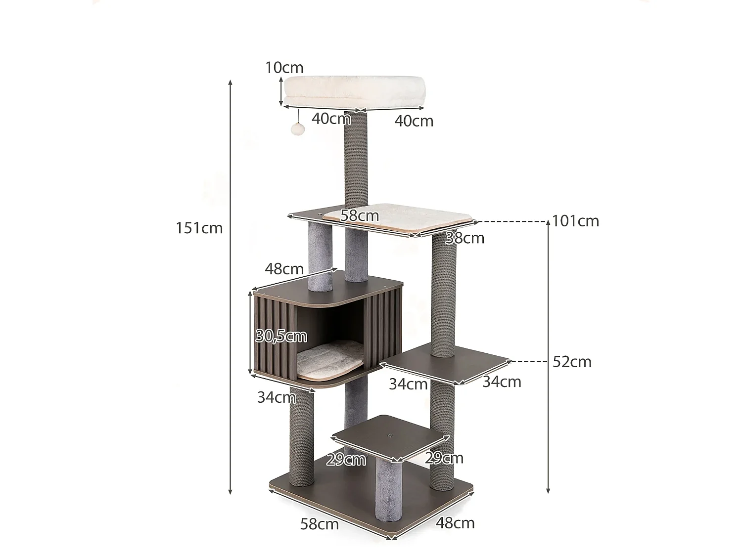 Arbre à Chat Multi-niveaux pour Chat d'Intérieur Tour à Chat de 151cm de Haut avec Perchoir Coussiné Tapis Amovibles Griffoirs Gris