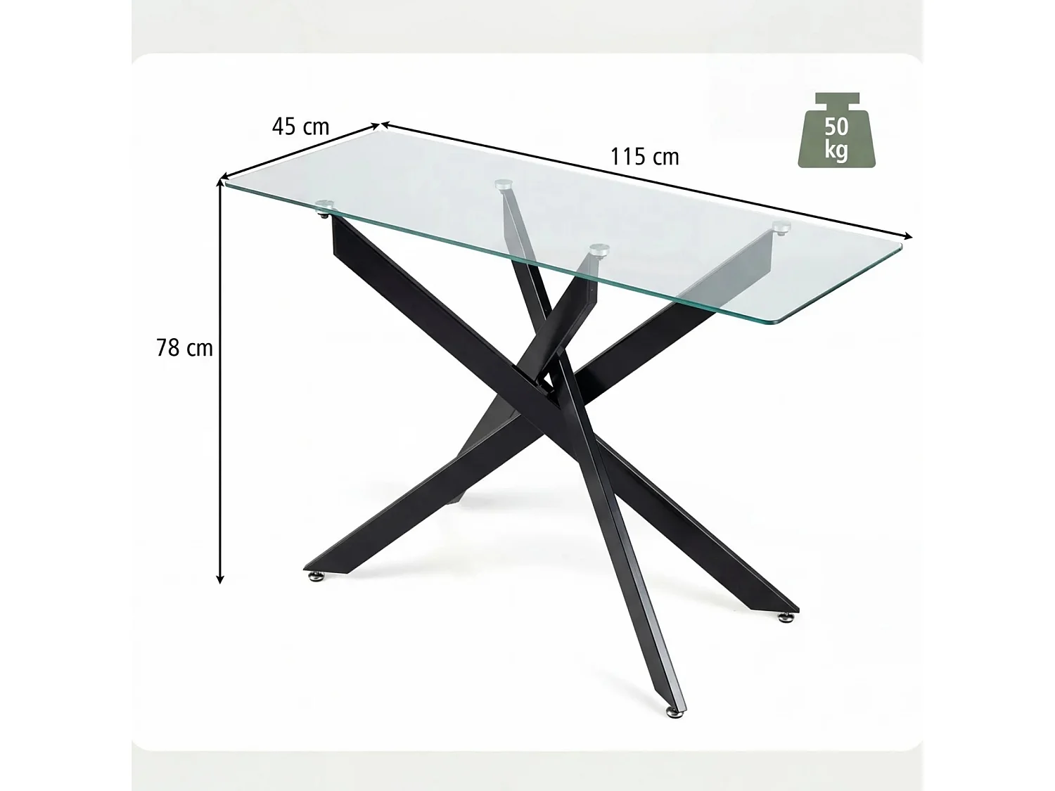 Tavolo moderno in vetro con piano in vetro temperato trasparente e robuste gambe in metallo Tavolo consolle nero