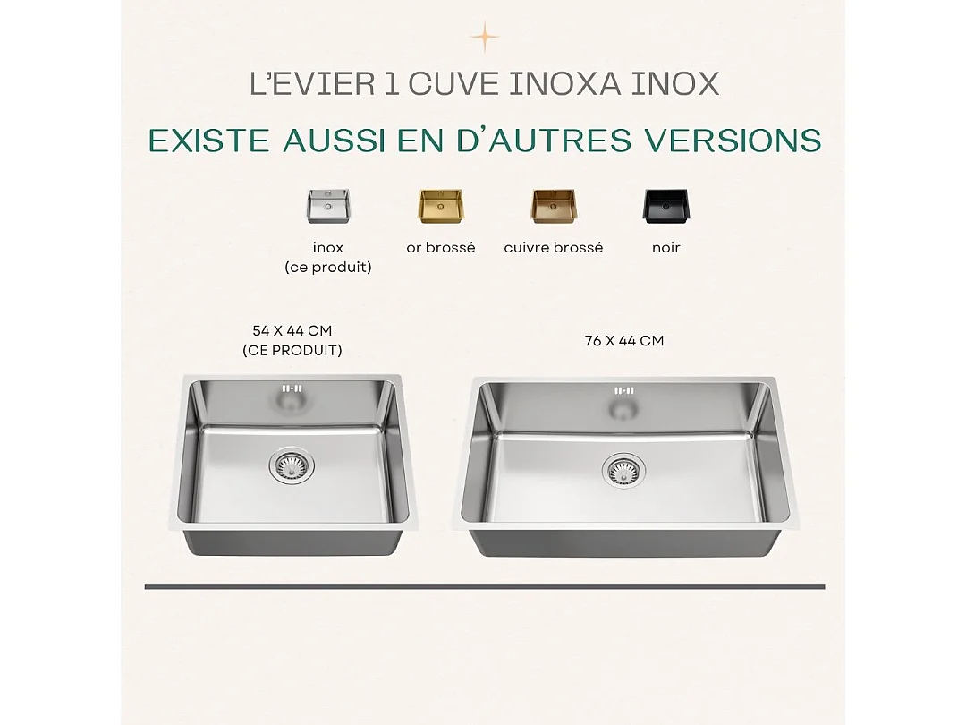 Inoxa évier 1 cuve seule 54x44 en inox - Essebagno
