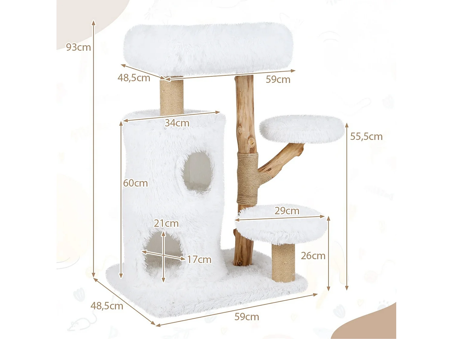 Holz Kratzbaum mit Plüsch Plattformen & 2-stöckiger Katzenhöhle & Jute Kratzsäulen Katzenbaum