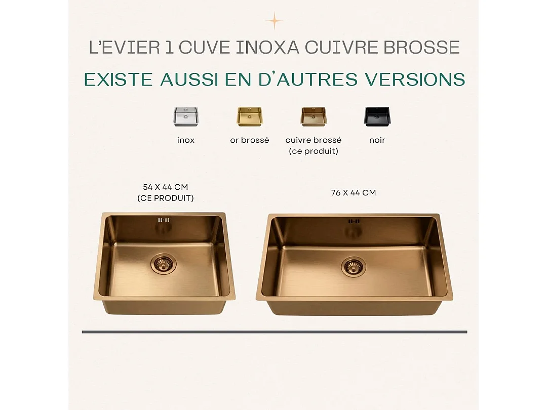 Inoxa évier 1 cuve seule 54x44 en inox cuivre brossé - Essebagno
